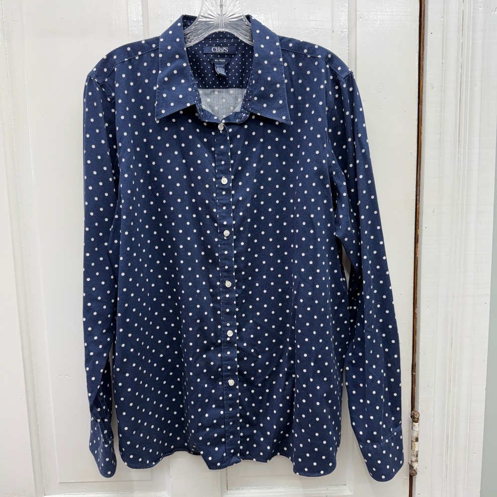Chaps Navy Blue White Polka Dot Long Sleeve Button Down Shirt Blouse Women's XXL - Picture 2 of 5
